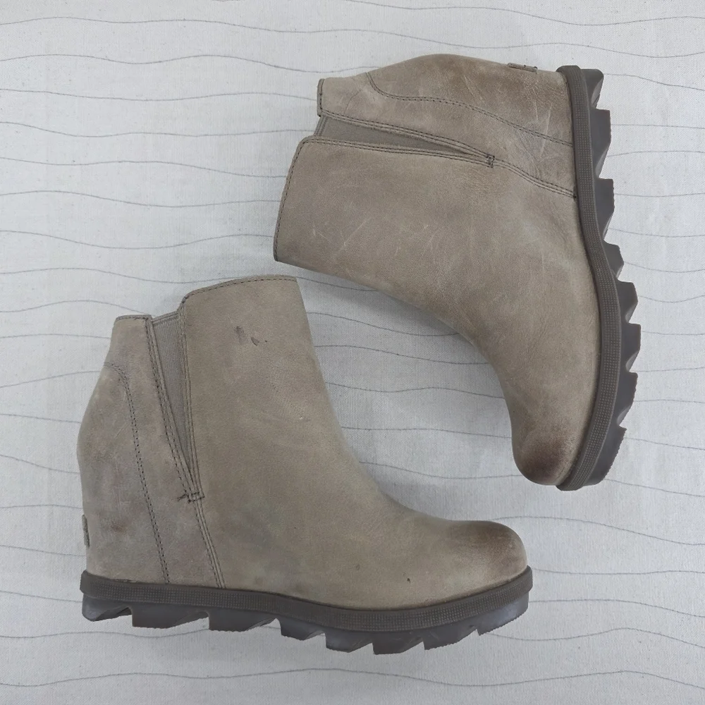 Sorel Womens Joan of Arctic Tan Leather Wedge Ankle Booties Shoe NL3365-240 Sz 7